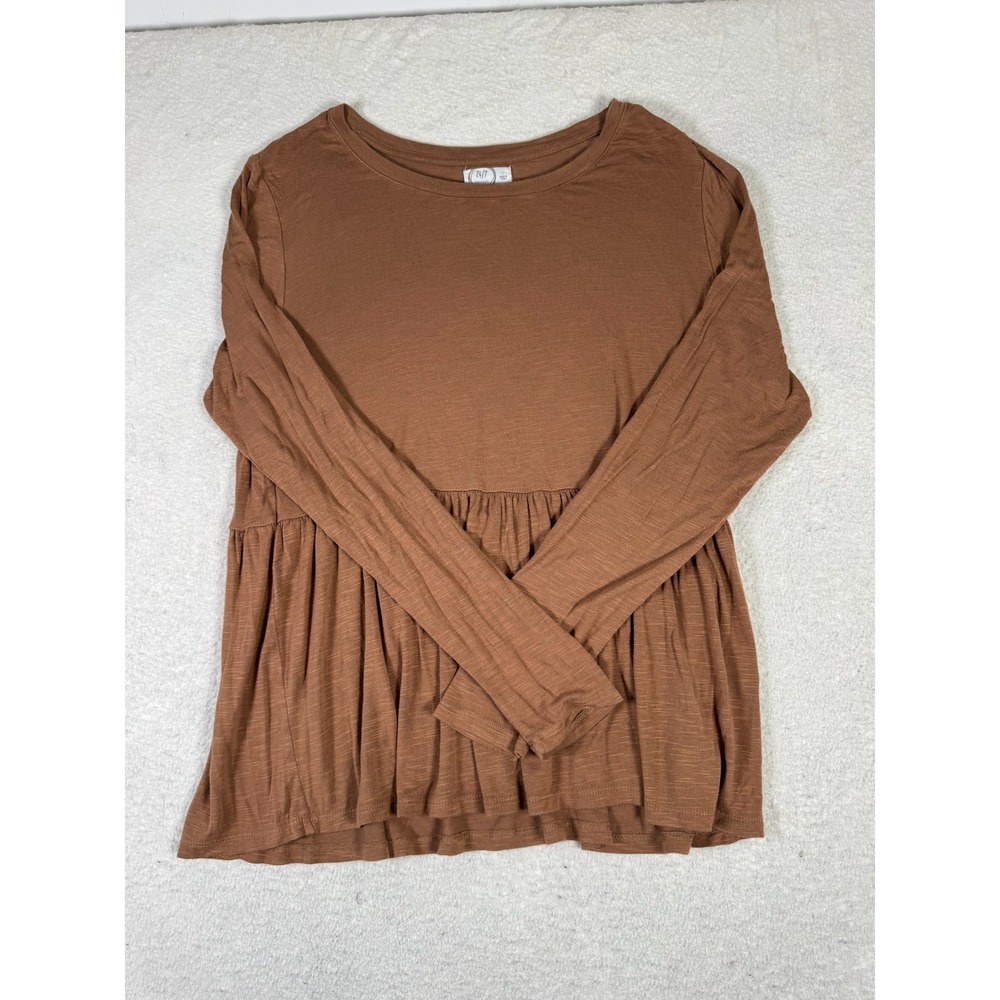 Maurices 24/7 Babydoll Top Womens Large Brown Long Sleeve Slub Knit Excellent